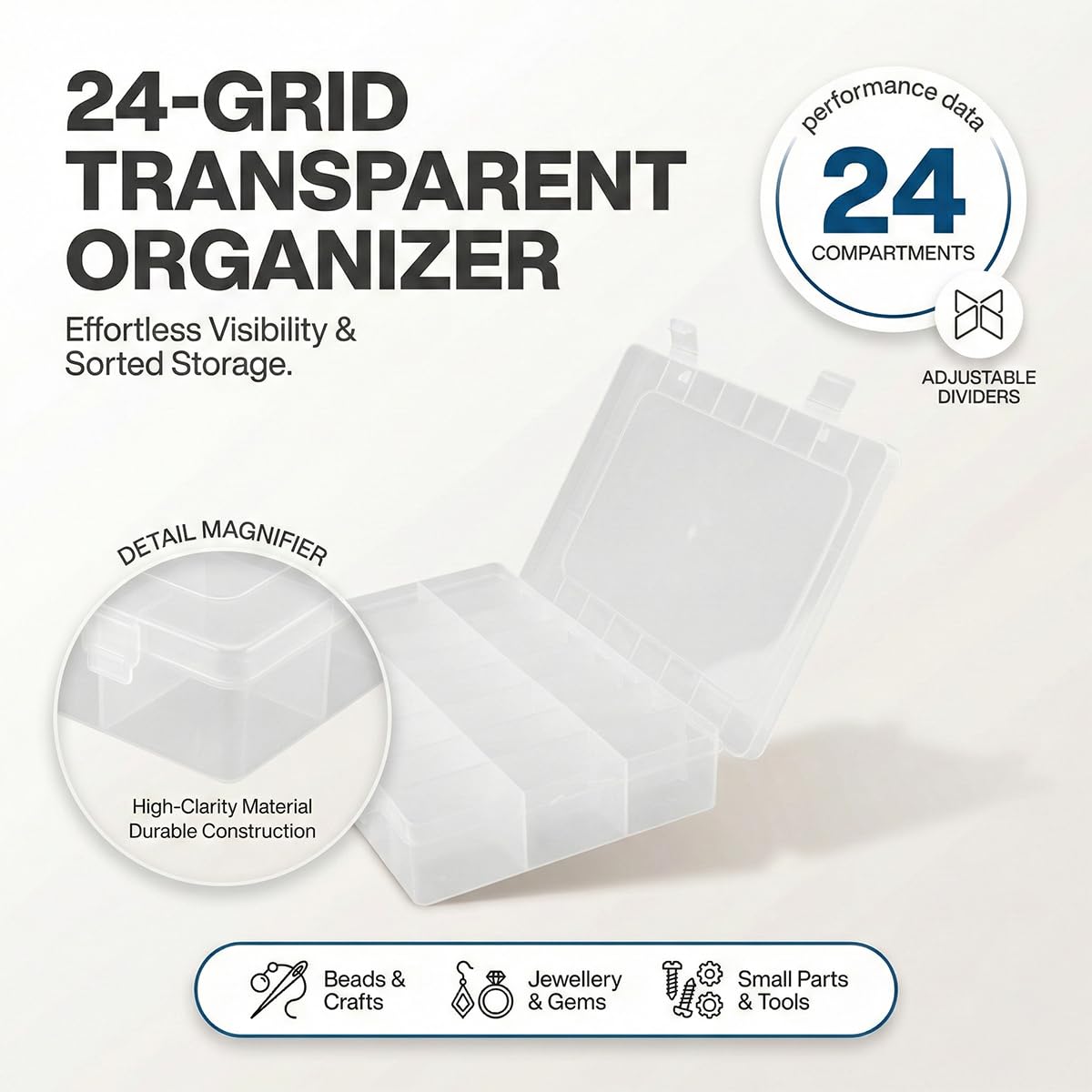 Lotsdonxia Clear Plastic Storage Box, 24 Compartments - Organise Jewellery, Beads, Craft Supplies & Small Items