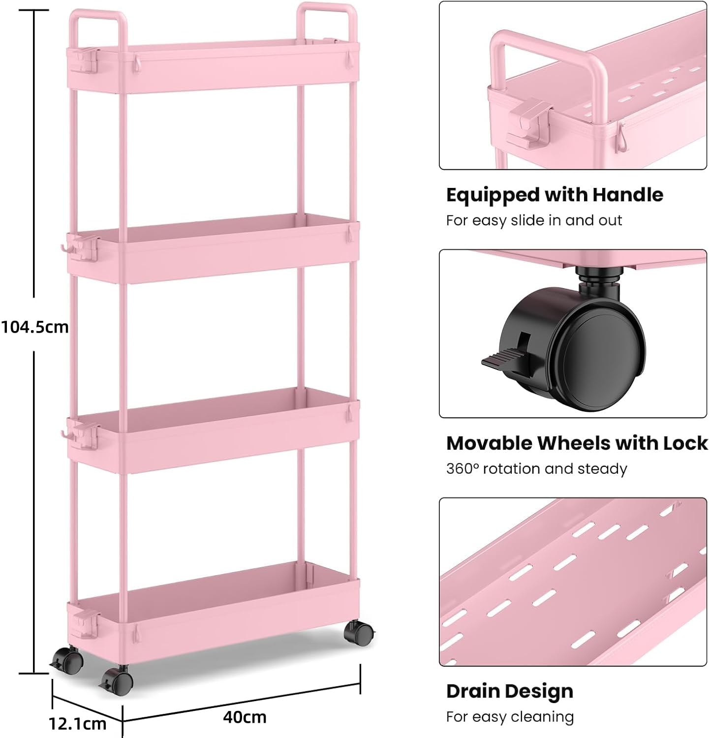 SOLEJAZZ Storage Trolley Cart Slim Rolling Cart Mobile Storage Shelving