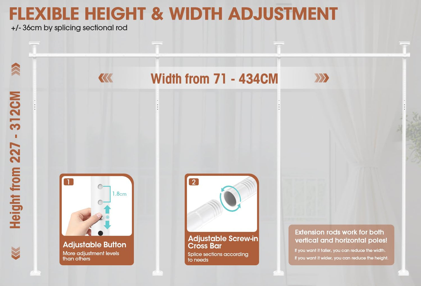 WELDUN Room Divider Curtain Rods, No Drill Damage Free Standing Curtain Rod