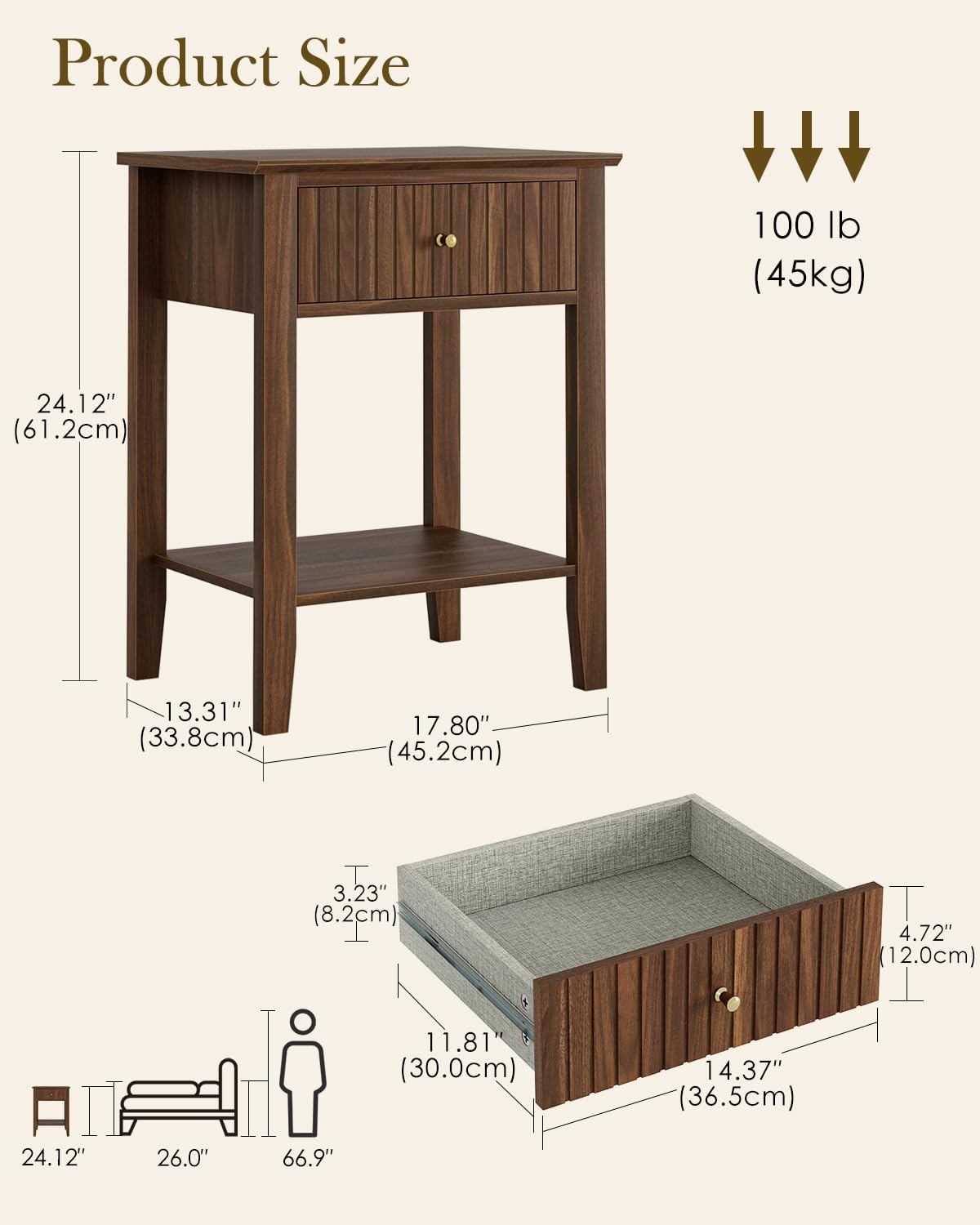 HEYZOEY Bedside Table Chest of 1 Drawer, Bedside Cabinet Wooden Nightstand, Modern Side Table for Living Room,Bedroom,Office,Château Walnut