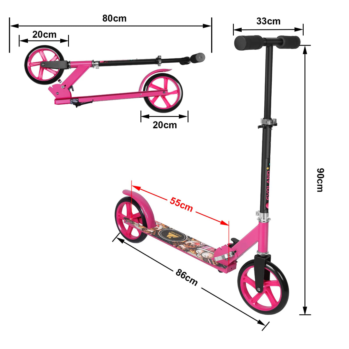 Kick Scooter Foldable, EVOLAND Adjustable Height 2 Wheels Scooter for Boys and Girls Teens Aged 8/9/10/11/12+