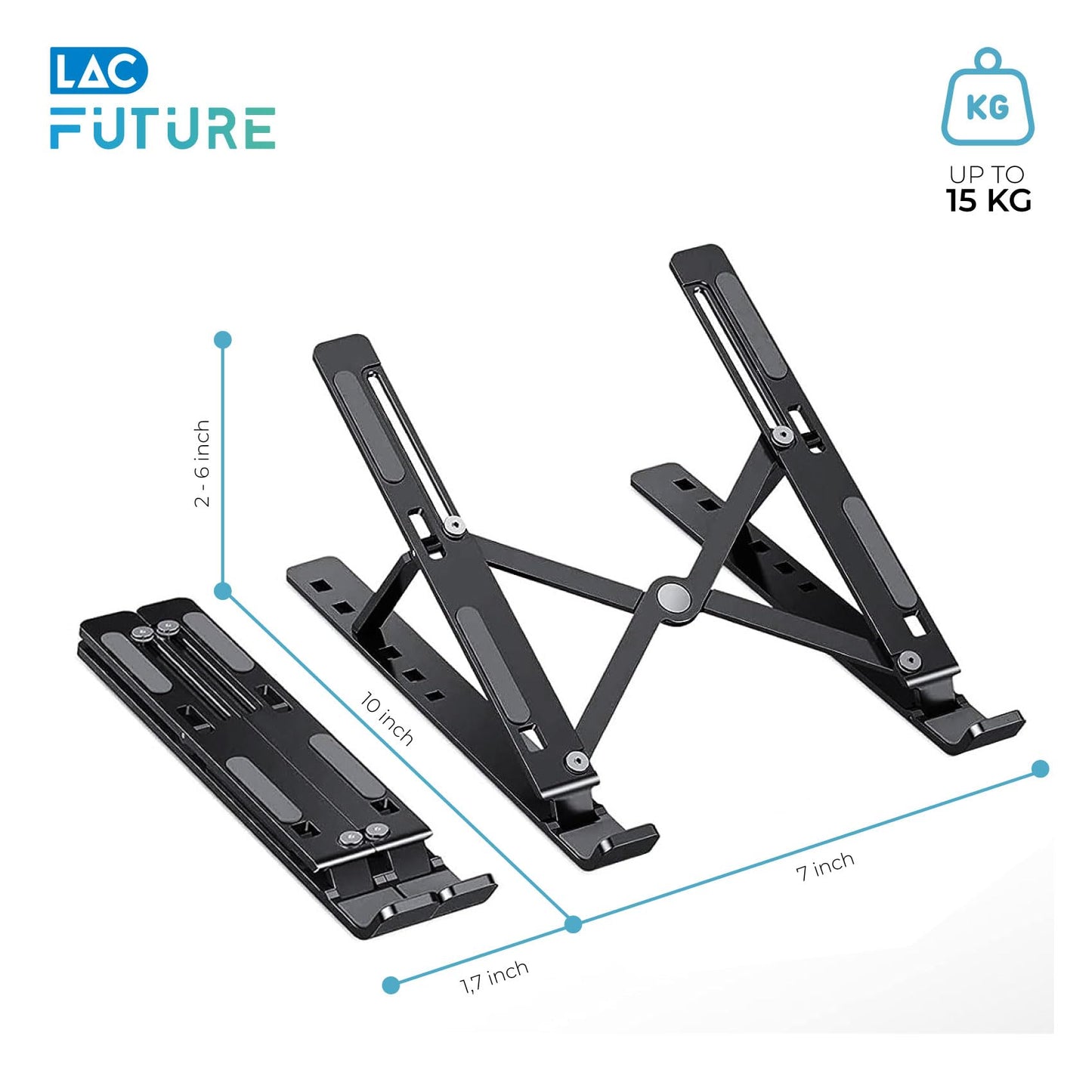 LAC FUTURE Laptop Stand for Desk, Black Aluminium – Adjustable Laptop Stand (7 Levels), Foldable & Portable, Holder Ventilated, Non-Slip