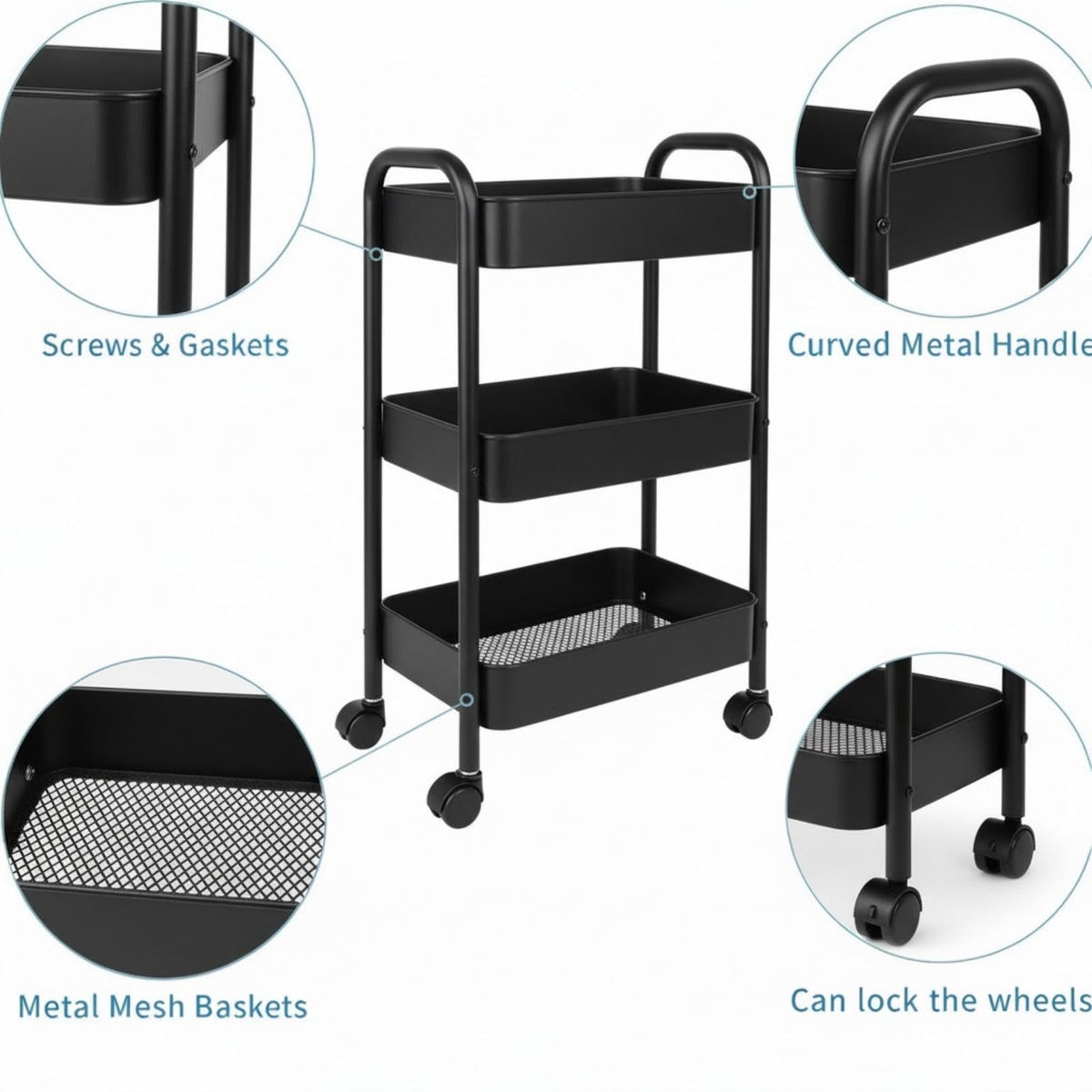 Nikphobos 3 Tier Storage Trolley, Metal Trolley Rolling Utility Cart on Wheels with Hooks, Multi-Purpose Organizer for Kitchen Bathroom Bedroom Office