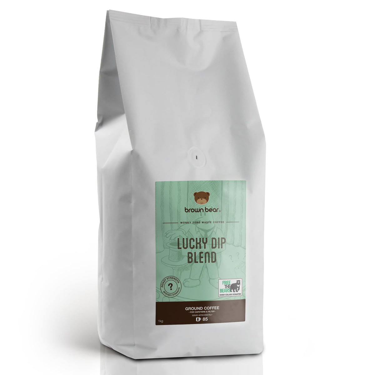 Ground Coffee 1kg - Wonky Mystery Zero Waste Ground Coffee - Brown Bear Lucky Dip - For French Press Cafetiere Filter Drip V60 Aeropress - Light to