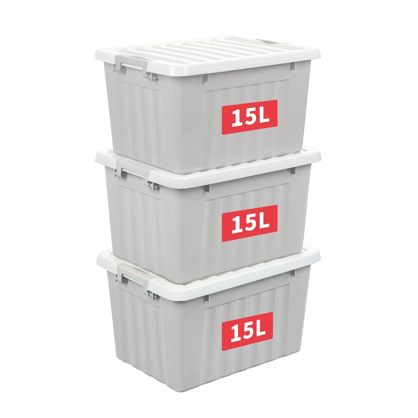 Cetomo 15L*3 Storage Boxes with Lids, Plastic Storage Box with Secure Side Latches, Stackable & Nestable Organizer for Home, Office, Moving, PP, Gray