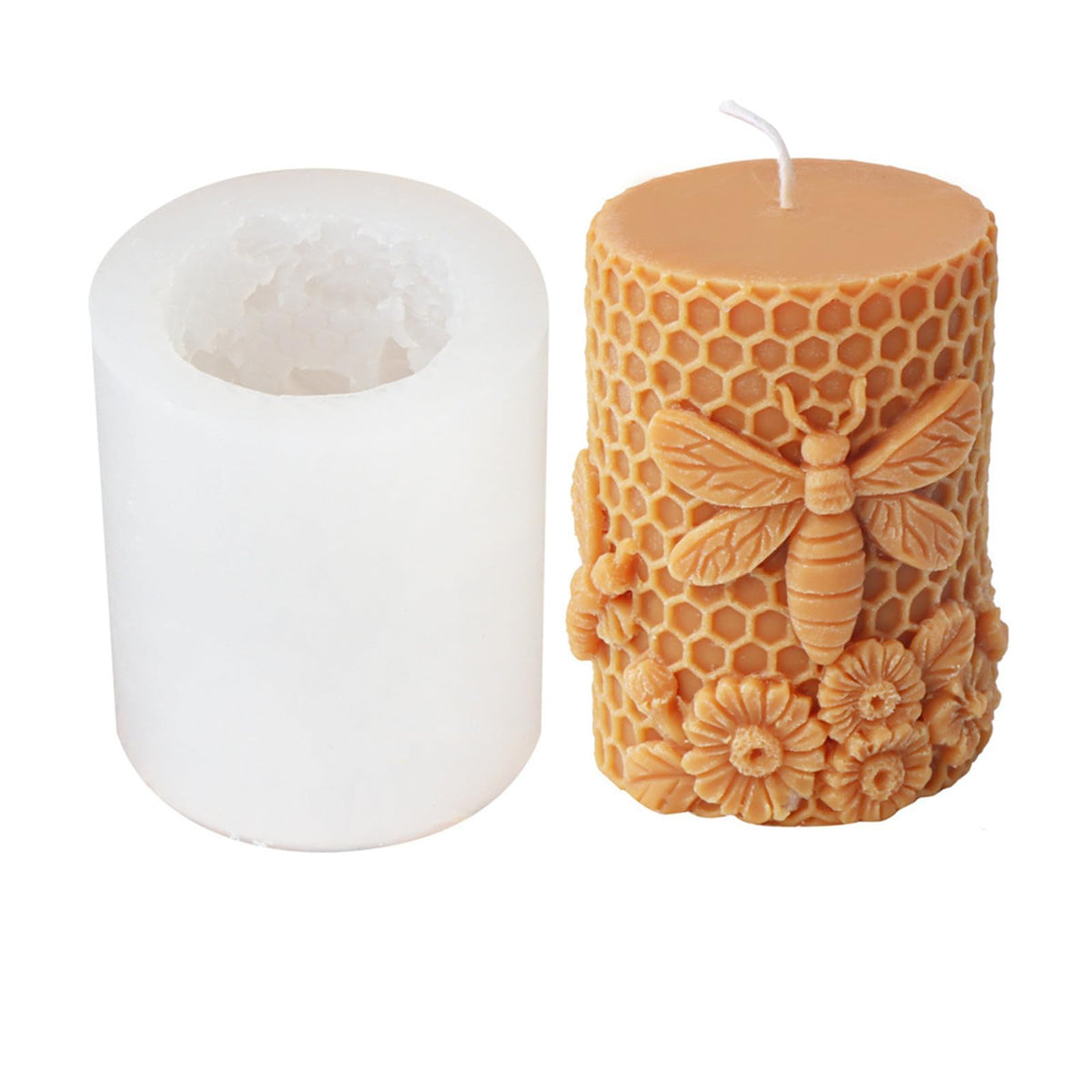 Xidmold Bee Honeycomb Flower Cylinder Candle Mould, Honeybee Beehive Pillar Silicone Mold for Beeswax Candle, Soy Wax Candle, Plaster Ornament, DIY