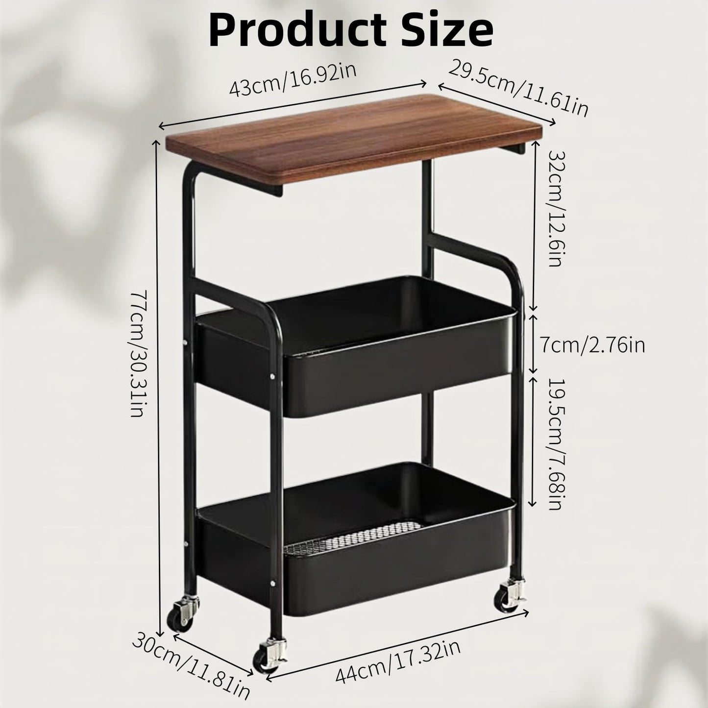 3 Tier Metal Rolling Utility Cart Organizer with Walnut Table Top, Stable and Sturdy Rolling Storage Carts with 2 Lockable Wheels for Kitchen