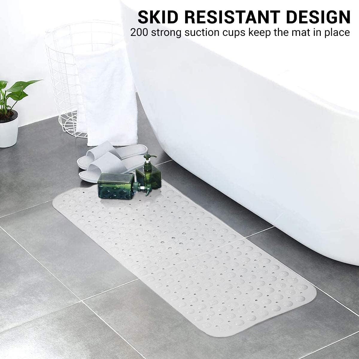 ADOV Bath Mat Non Slip, 70x38 cm Extra Long Shower Mat Anti Mould, Bathroom Bathtub Mats for Tub, Strong Suction Cups and Drain Holes