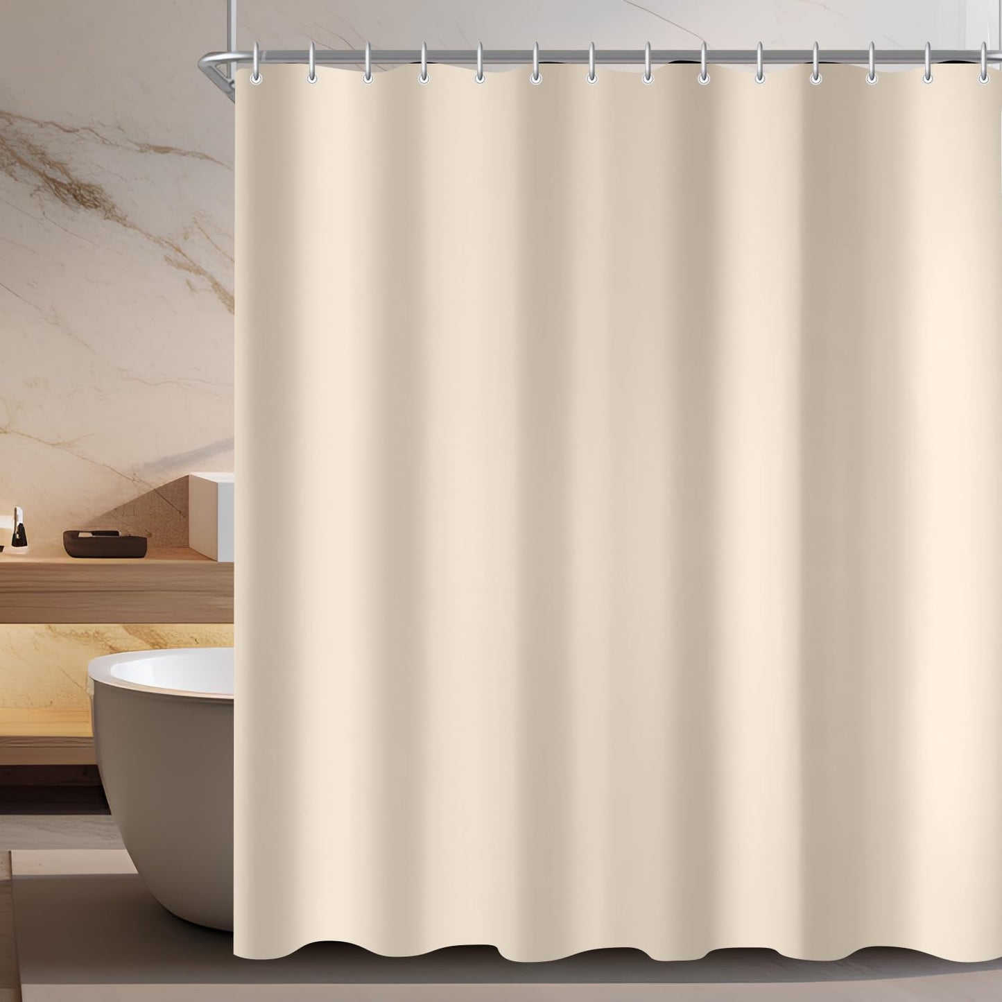 Lerores Shower Curtain, 200 x 150 cm, Beige, Weighted Hem, Anti-Mould Textile, Water-Repellent, Washable Polyester Fabric Bath Curtains for Bathroom,