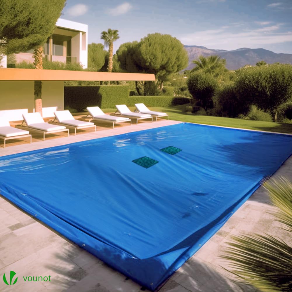 VOUNOT Swimming Pool Cover Rectangular Heavy Duty Double Layer Pool Protective Cover with Drain Net, Aluminum Eyelets Waterproof Cover, 4X8m