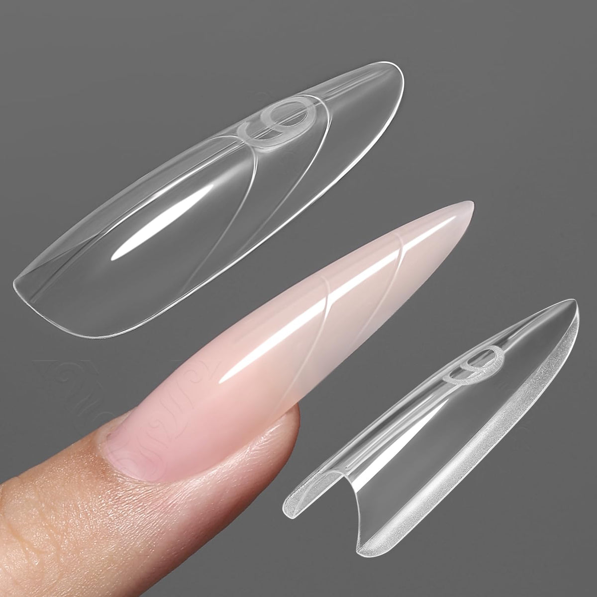 YOKEFELLOW Sandwich Nail Dual Forms -240Pcs Transparent Top & Bottom Design Nail Mold for Poly Builder Gel Extensions 15 Size (SMZ-Almond Round)