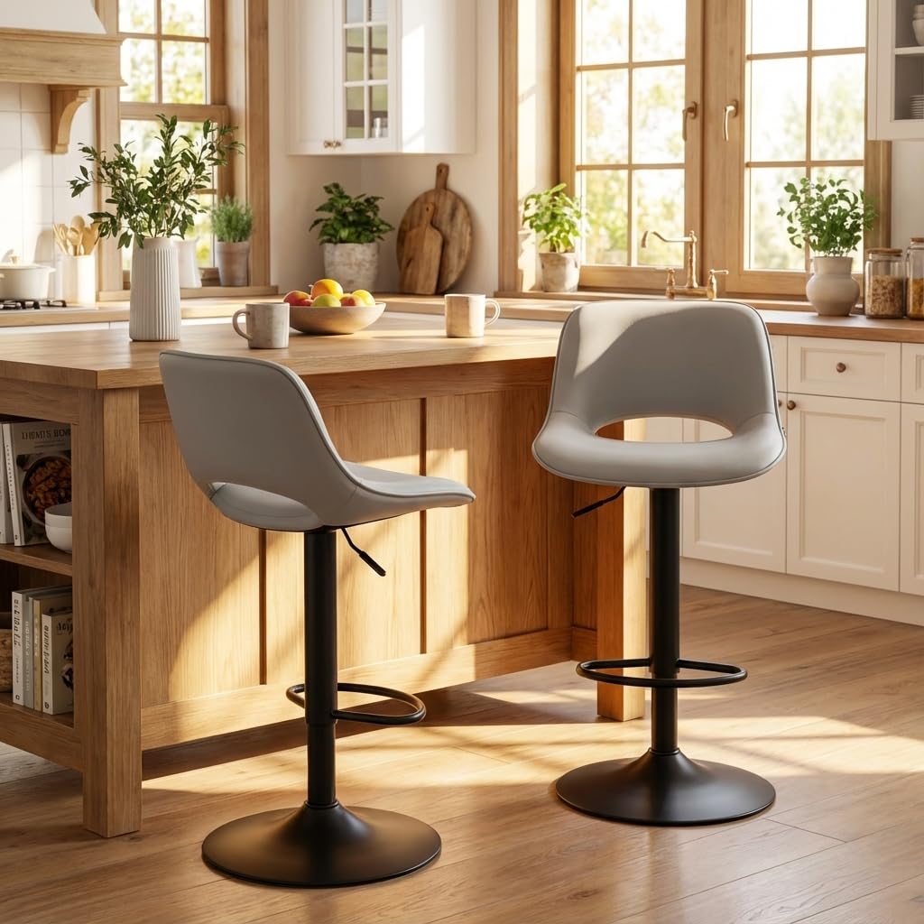 YOUNIKE Bar Stools Set of 2 Modern Breakfast Barstools, Adjustable Swivel Counter Height Bar Chairs Faux Leather Upholstered Counter Stools with