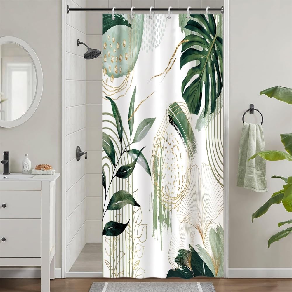 Uiiooazy Anti-Mould Shower Curtain, Narrow Shower Curtain 90 x 180 cm, Tropical Green Palm Leaves Jungle Boheme Bath Curtains Washable Fabric