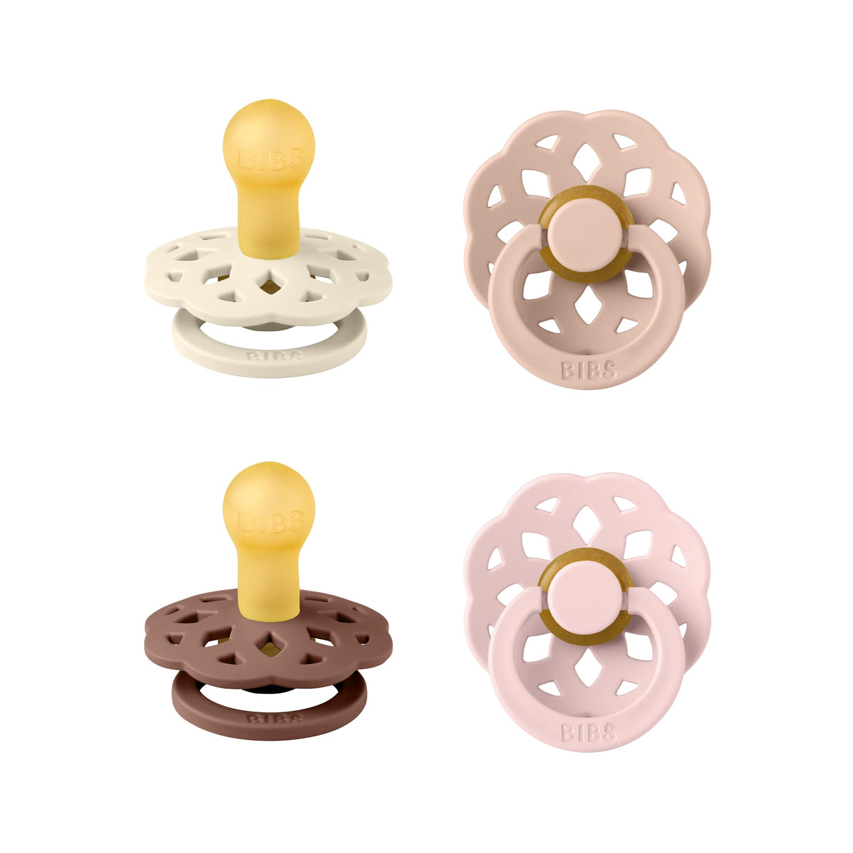 BIBS Boheme Soother 4-Pack. BPA Free Dummy Pacifier, Round Nipple. Natural Rubber Latex, Made in Denmark, Size 1 (0-6 Months), Blush Mix