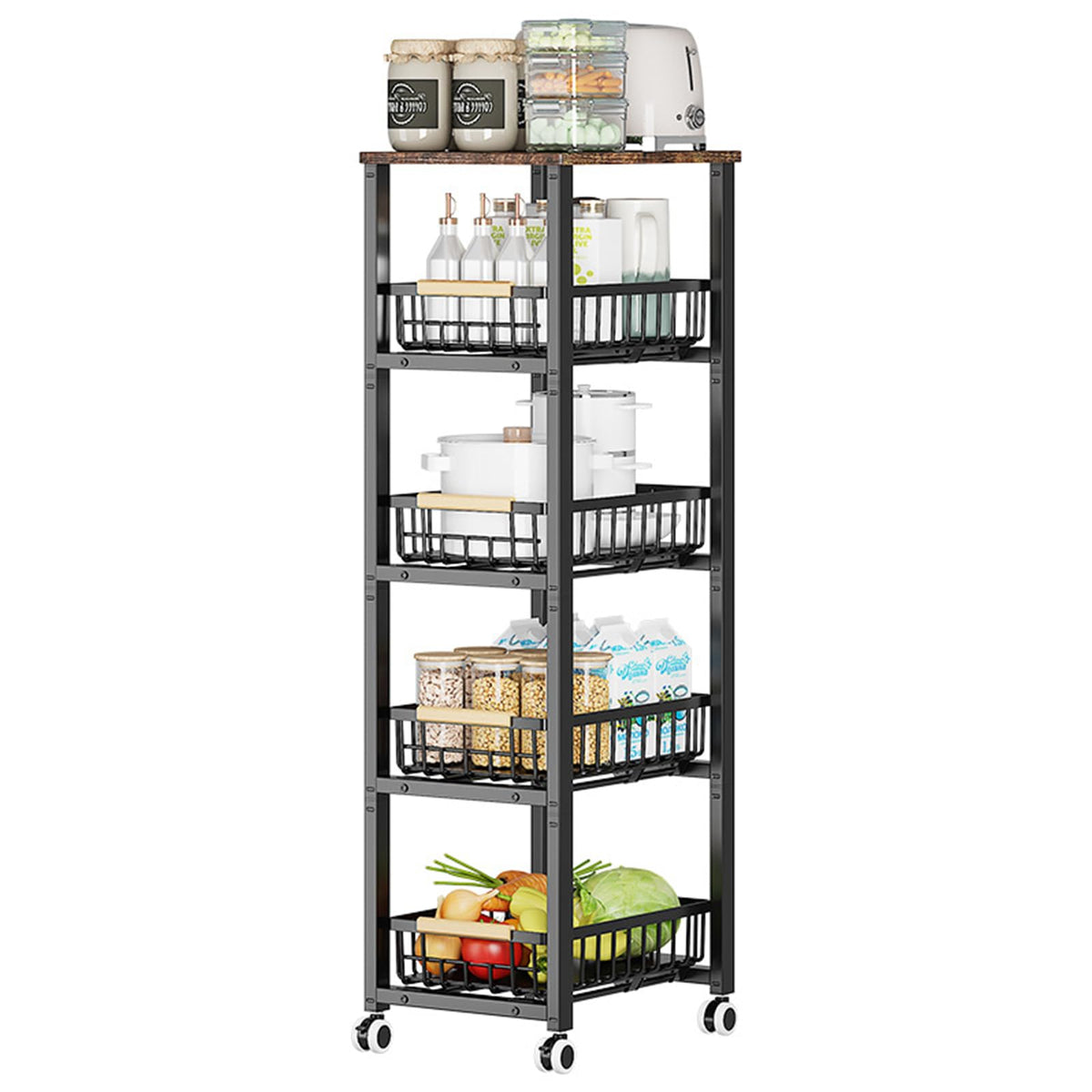 5-Tier Utility Kitchen Storage Cart with Pull-Out Baskets and Wooden Tabletop, Rolling Cart with Wheels for Kitchen, Living Room, Dining Room