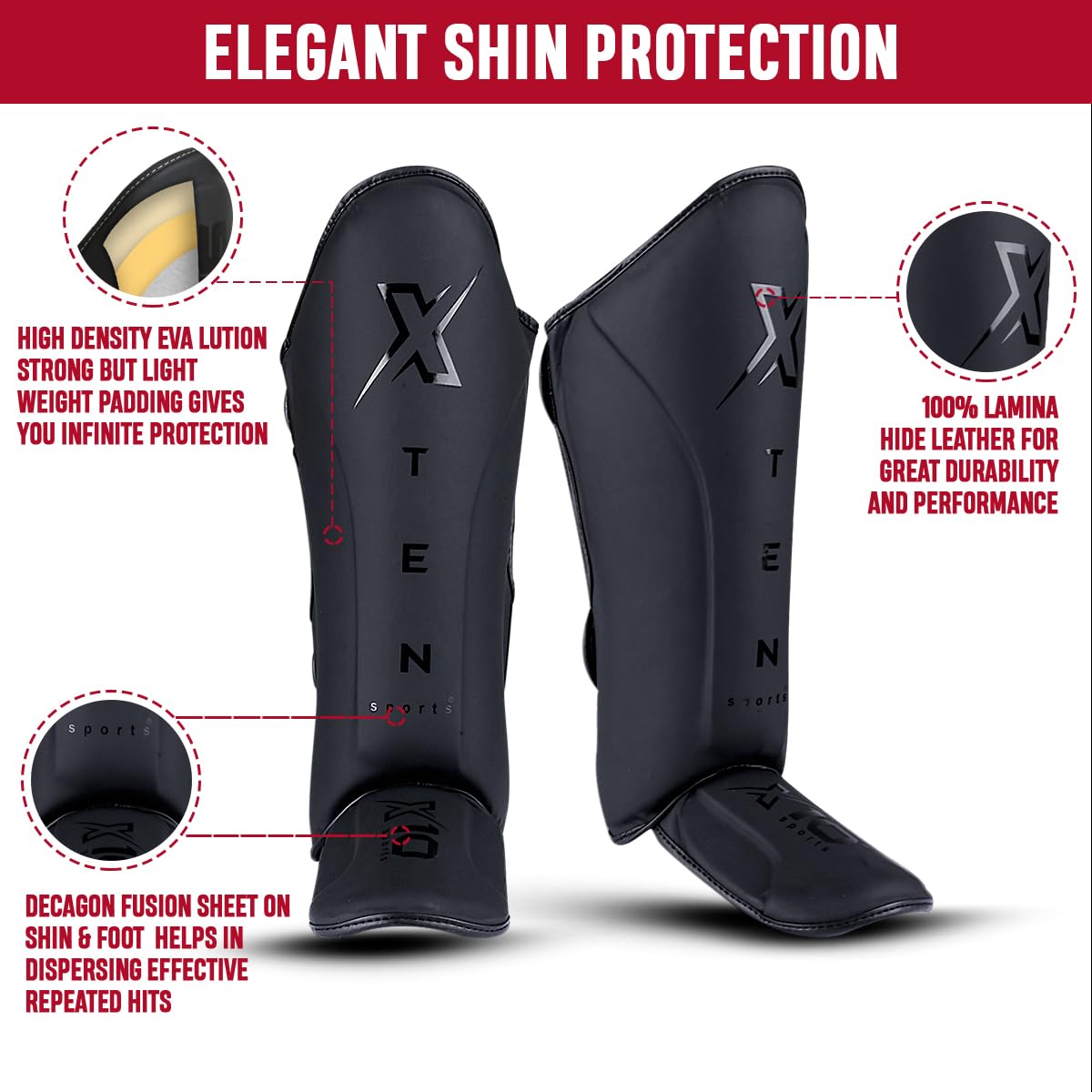 XTEN SPORTS Shin Guards Muay Thai, MMA, Gel Integrated Padding, Training Sparring, Boxing, Kickboxing, BJJ, Taekwondo Protective Gear, Matte Black, S