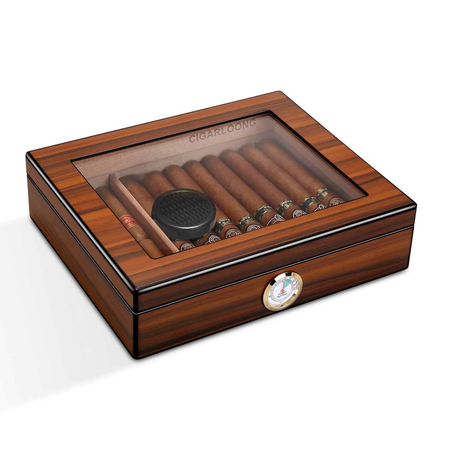 CIGARLOONG Cigar Humidor Brown 20-25 Desktop Cedar Wood Lined Cigar Storage Box with Hygrometer and Humidifier