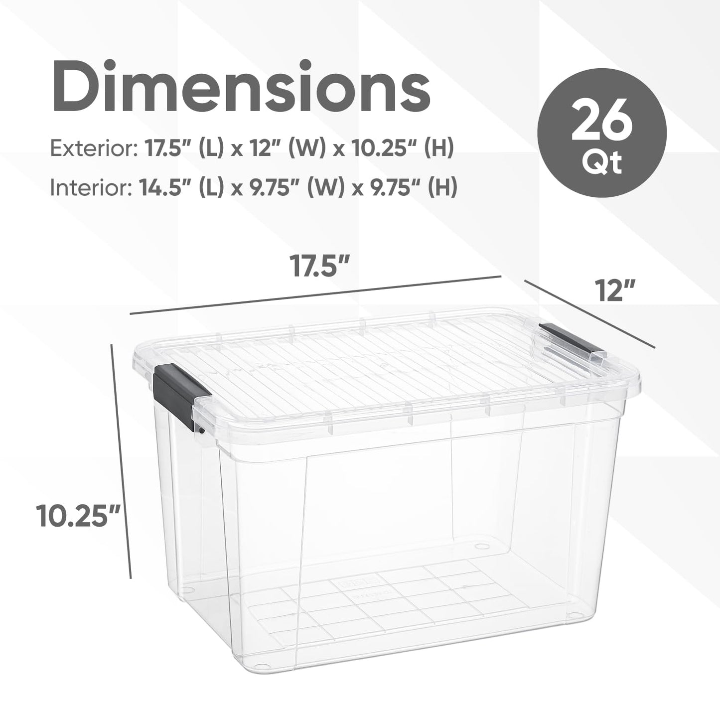 Superio Clear Storage Box with Lid, 26.5 Quart Plastic Container Bins for Organizing, Stackable Crates, BPA Free, Non Toxic, Odor Free