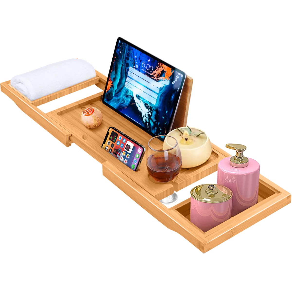 ADOV Bath Tray, Extendable Luxury Bamboo Wooden Bathtub Caddy with Integrated Holder for Book, Phone, Tablet, Candle, Soap, Towel, Wine Glass,