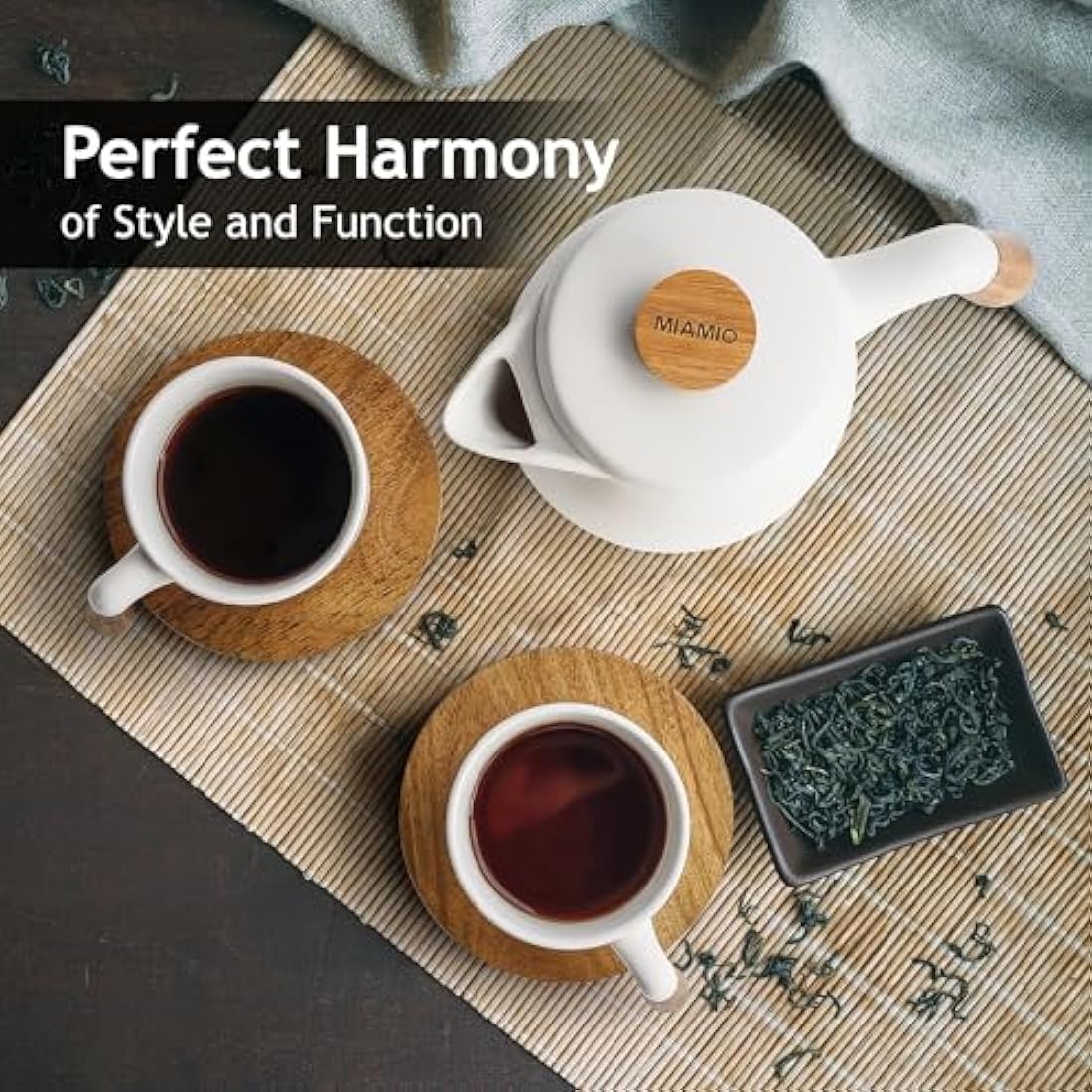 MIAMIO – 1000 ml Ceramic Tea Pot Set with Infuser and Cups/Tea Strainer, 4 Ceramic Tea Mugs (300 ml), Bamboo Saucers/Handle for Home and Office (White)