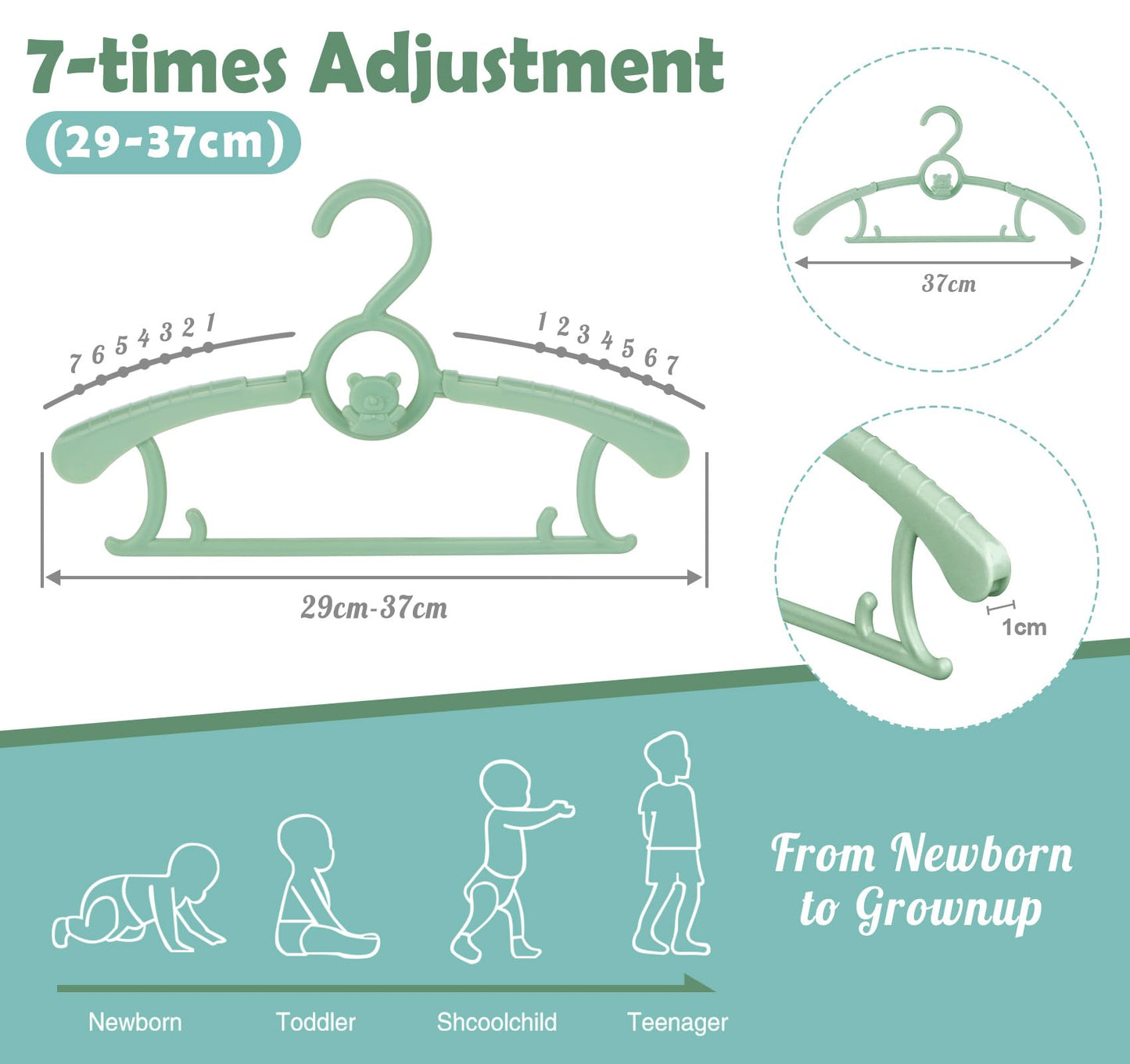 Anstore Children's Clothes Hangers, Pack of 20, Growing Children's Clothes Hangers, Space-Saving with Stackable Bear Hooks