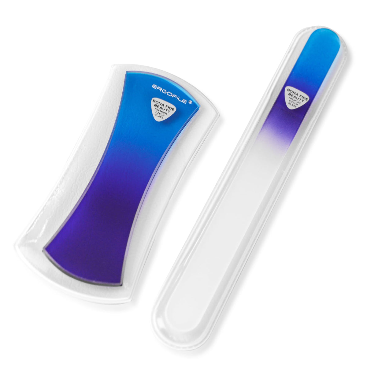 Bona Fide Beauty Czech Glass Nail File Set, 2Pc Bow Ergo File Set with Protective Sleeves (Blue), Ergonomic Crystal Nail Filers for Comfortable Nail