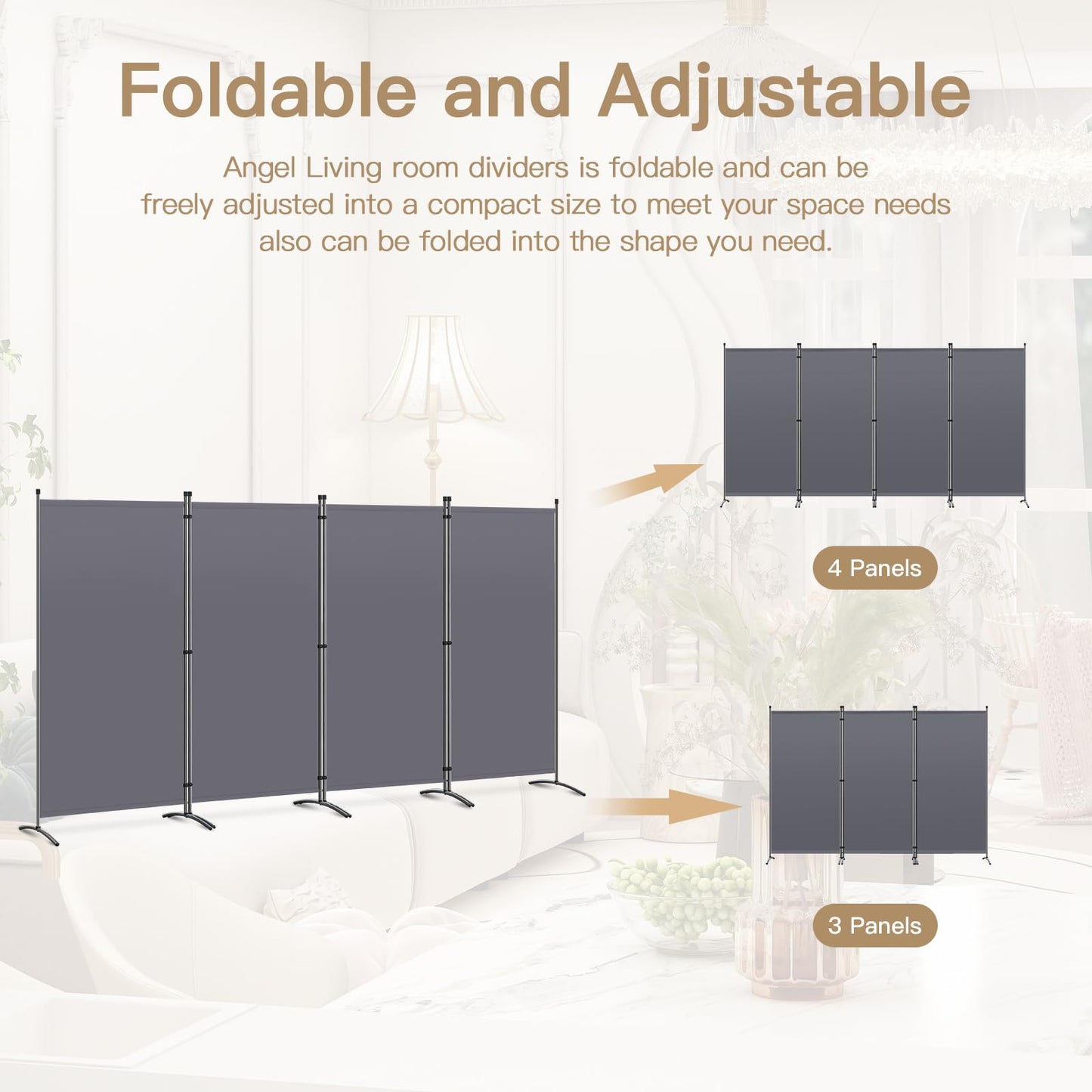 Angel Living 4 Panels Folding Room Divider | Privacy Screen with Polyester Fabric & Sturdy Iron Frame | Freestanding Partition for Office, Bedroom