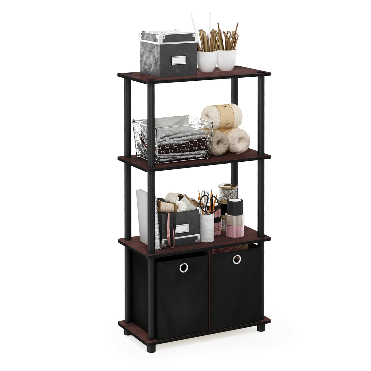 Furinno GO GREEN Storage Shelf, 4-Tier Storage Rack with Bins, Book Shelf, Display Rack, with Storage Bins, for Organization and Storage, Living Room