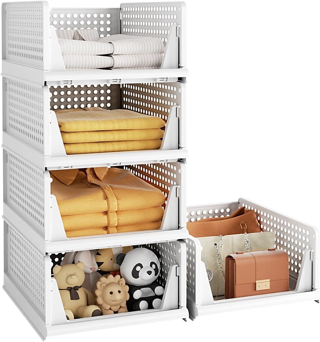 Set of 5 Stackable Foldable Wardrobe Storage Box, Stacking Drawer Racks