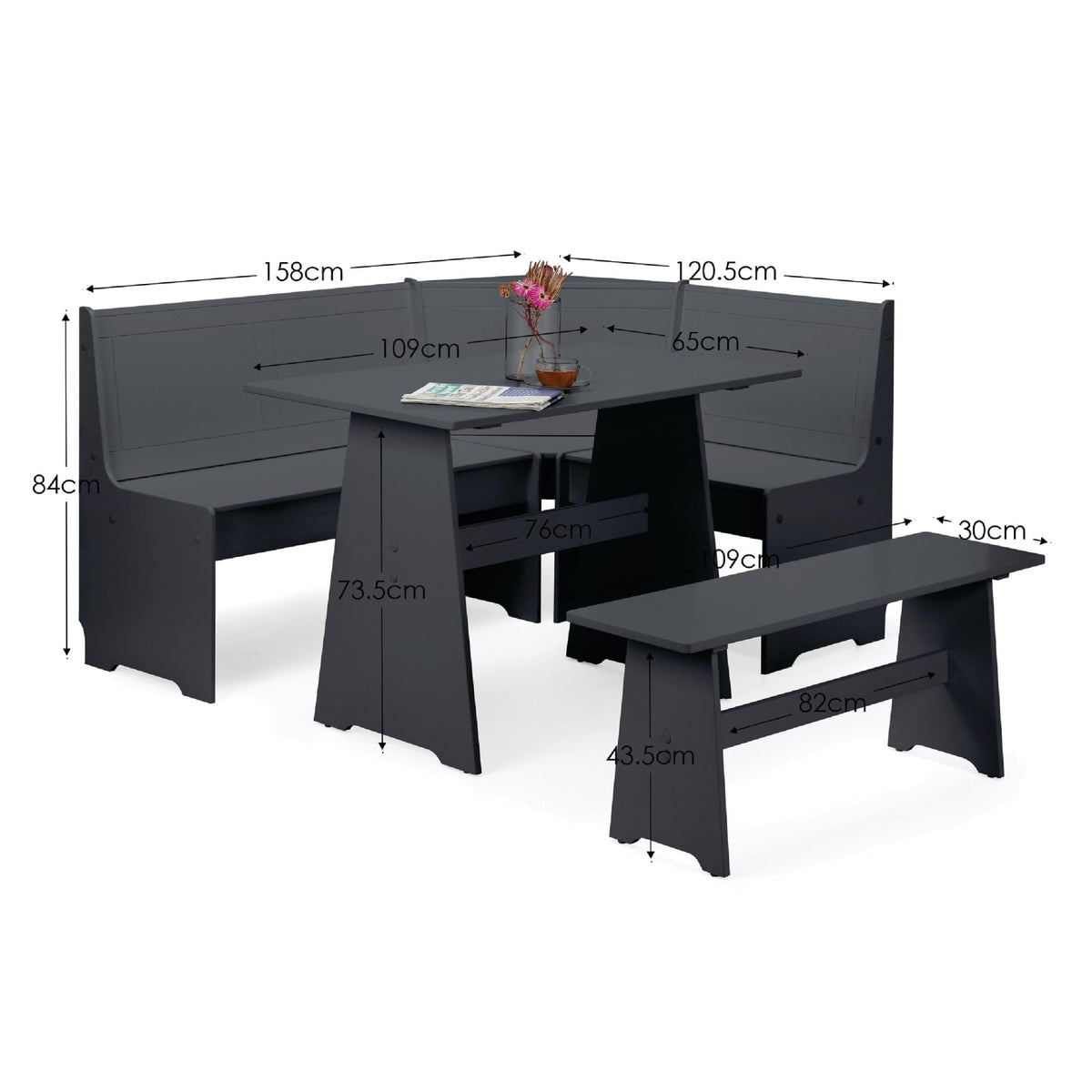 Julian Bowen Newport Corner Dining Set with Bench, Dark Grey - W158 xD120cm