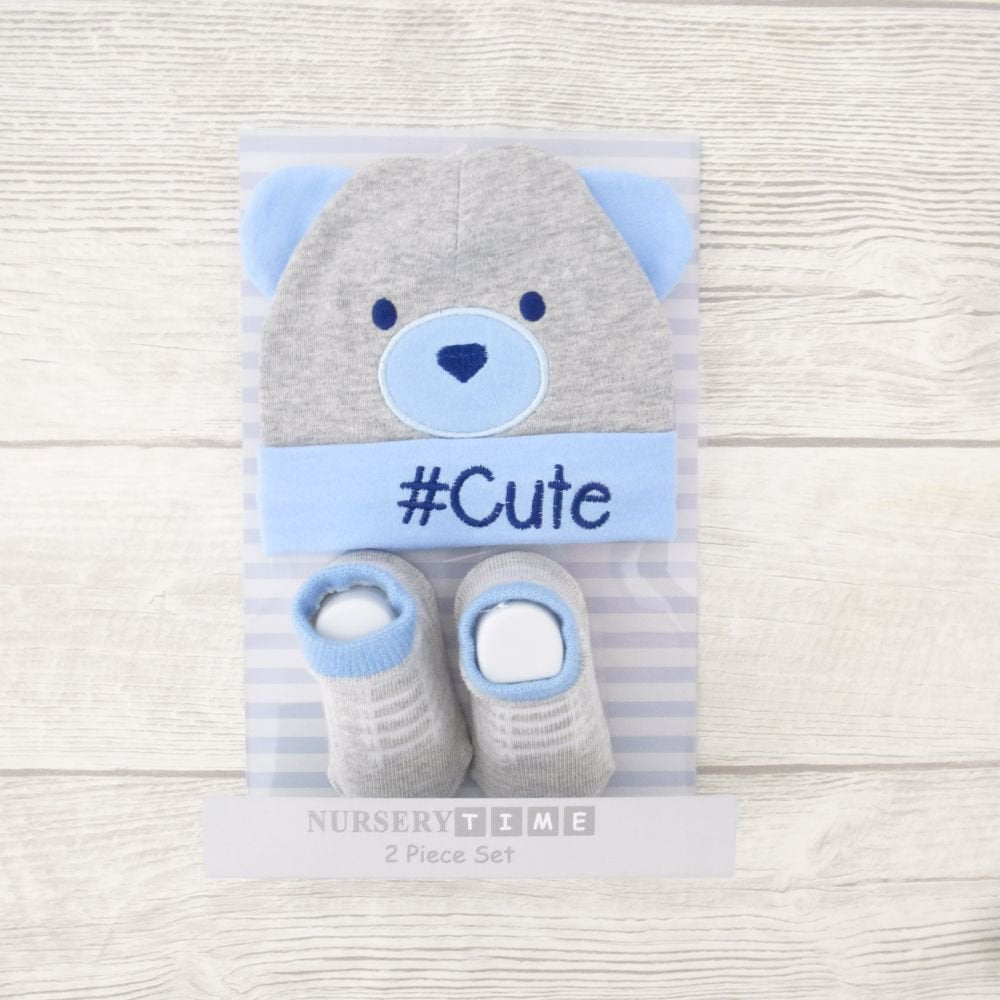 Boys Hat and Socks Set 0-6 Months Grey/Blue