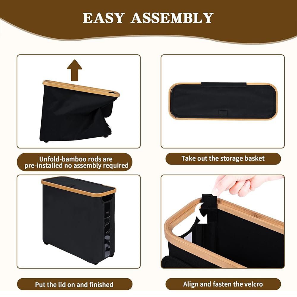 Freestanding Toilet Paper Holder with Bamboo Lid, 30L Toilet Roll Storage Box & Organiser for 12 Rolls, Space-Saving Bathroom Storage Basket (Black)