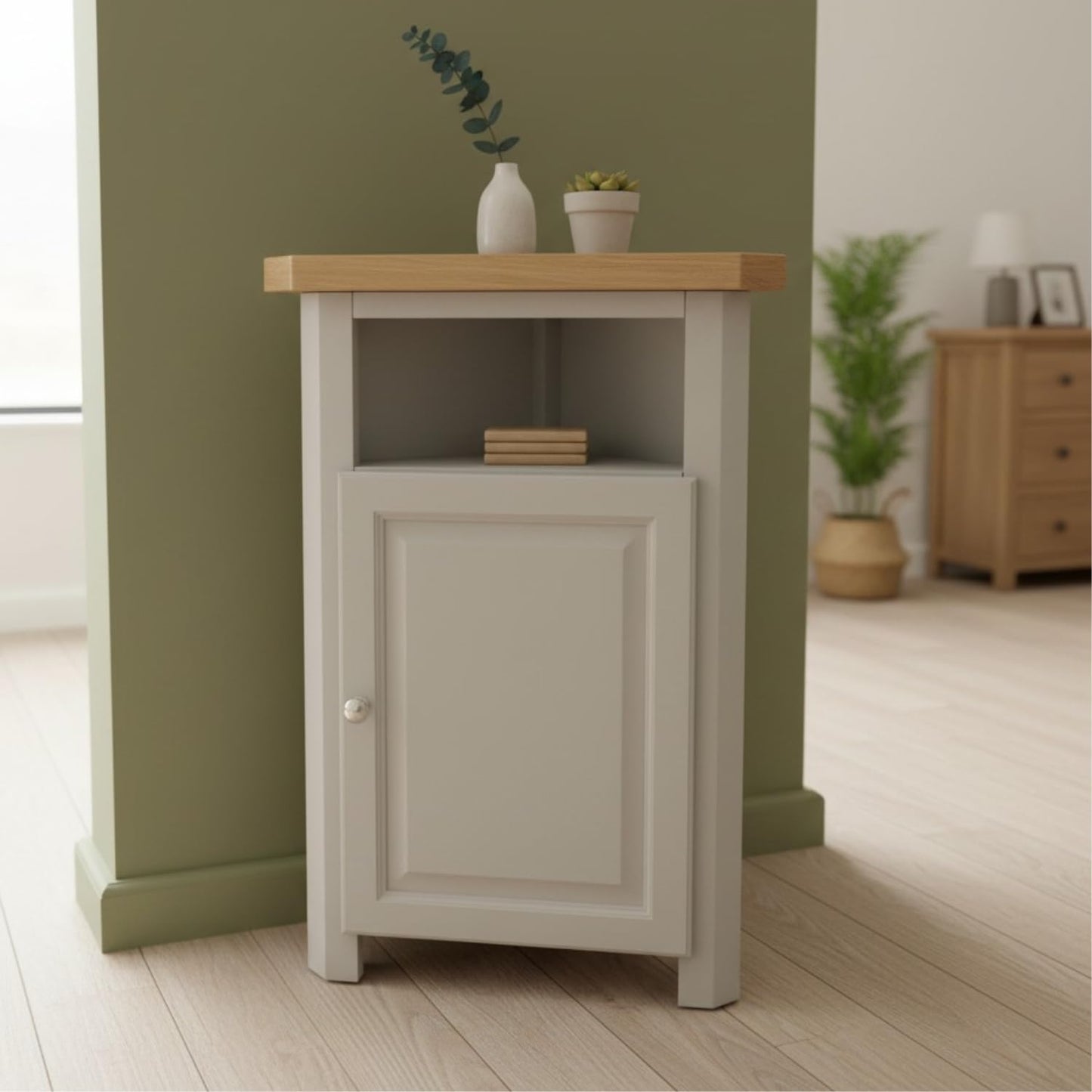 GROFurniture Painted Cashmere Grey Corner Cabinet, Tall Triangle Storage Cuboard for Livingroom, Corner Oak Unit for Livingroom, Bathroom & Hallway