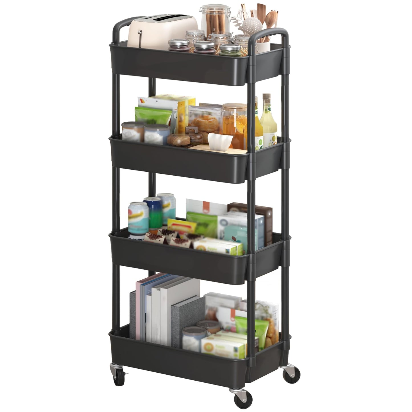 Sywhitta 4-Tier Plastic Rolling Utility Cart with Handle, Multi-Functional Storage Trolley for Office, Living Room, Kitchen