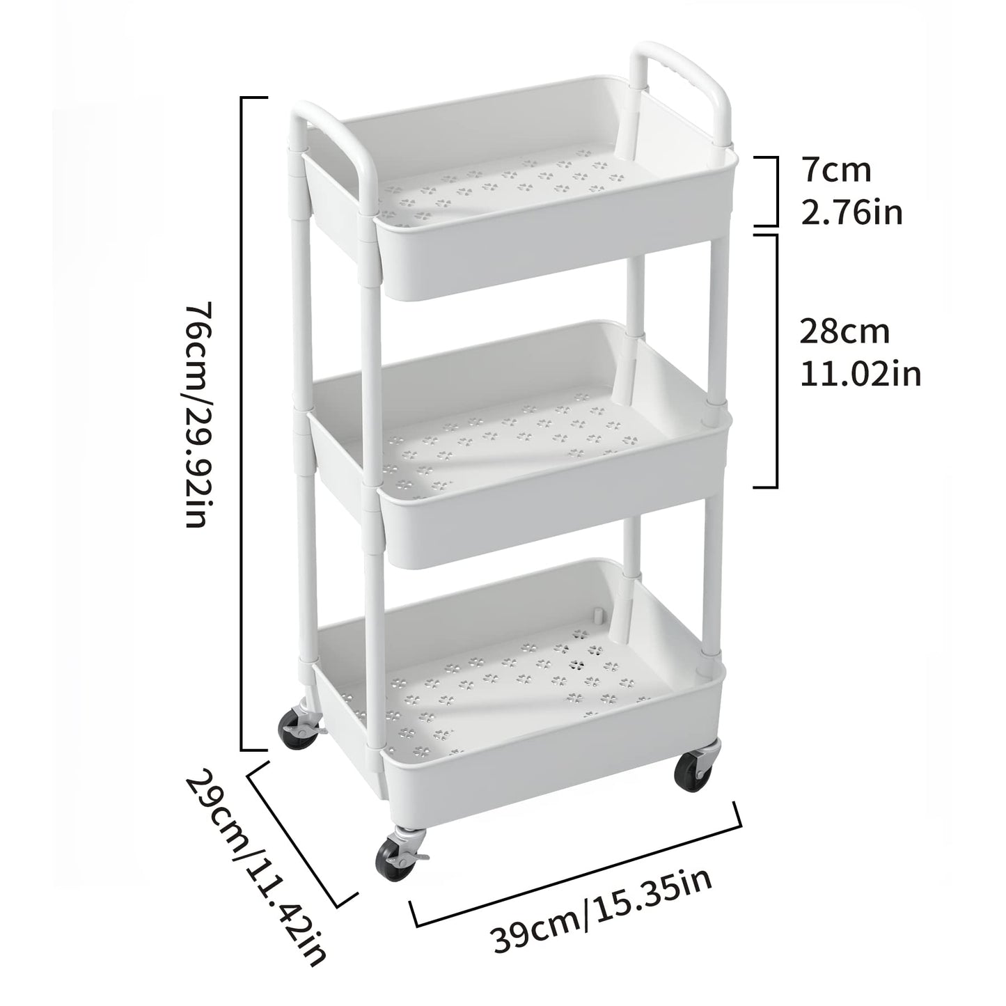 Sywhitta 3-tier Plastic Storage Trolley on Wheels, Kitchen Storage Utility Cart, Rolling Storage Rack for Bedroom, Bathroom, Office, White