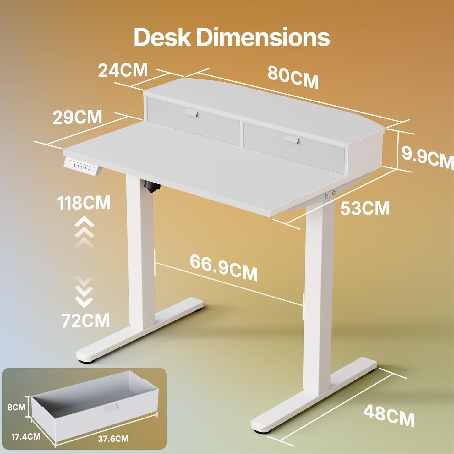 HUANUO Standing Desk with Drawers, 80x53cm, White