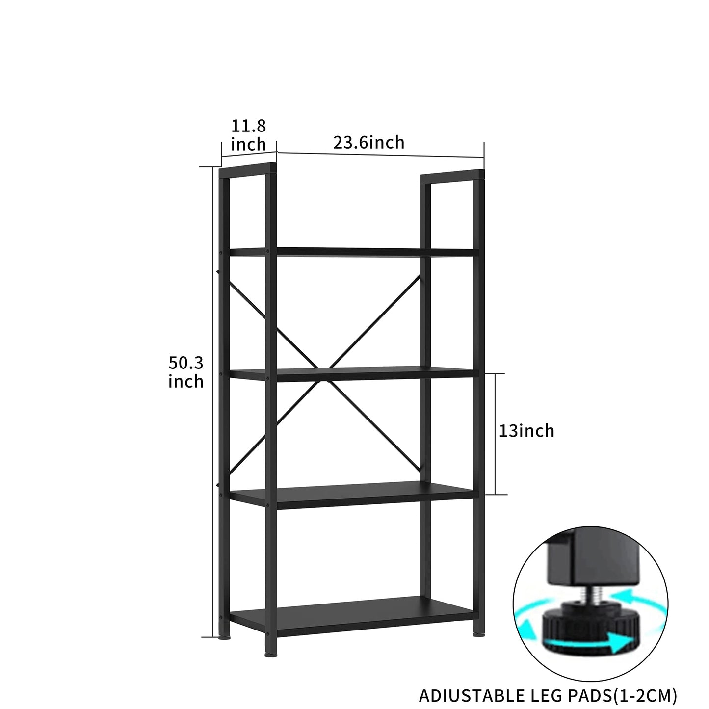 VERMESS Industrial Bookshelf, 4-Tier 24inch Black Shelving Unit Wood Bookcase with Open Shelves, Rustic Standing Bookshelves Metal Frame Display Rack