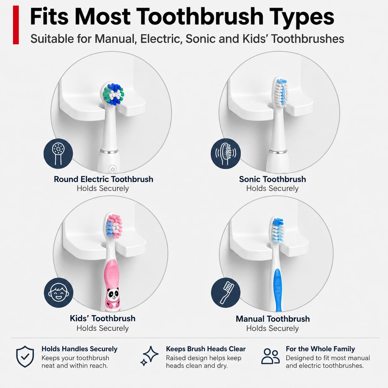 Electric Toothbrush Head Holder, 4 Pack Wall-Mounted Self-Adhesive Hangers for Toothbrush Heads, Razors & Hair Ties, No-Drill Bathroom Storage, White