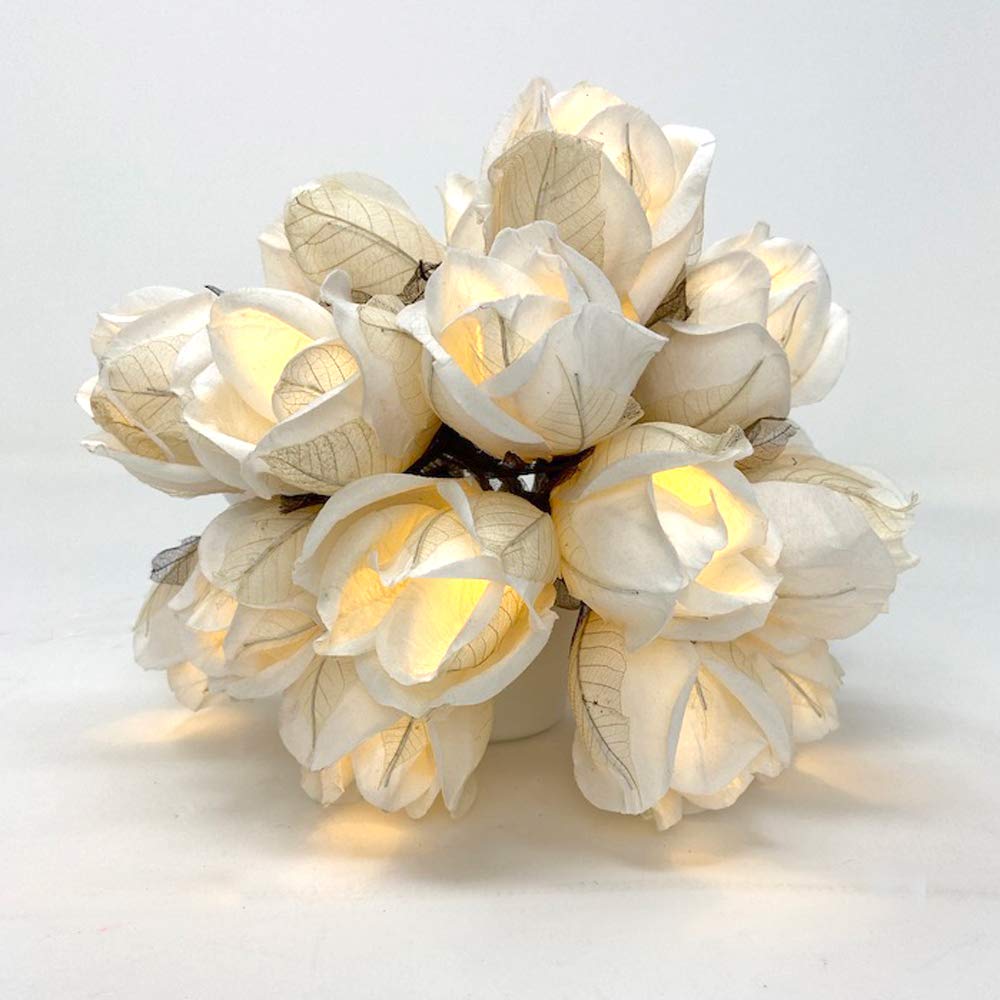 Blaze On Chelsea Rose Fairy Lights (White Coloured)  20 Warm White LED Lights  Handcrafted Roses Created from Mulberry Paper  USB Powered with UK