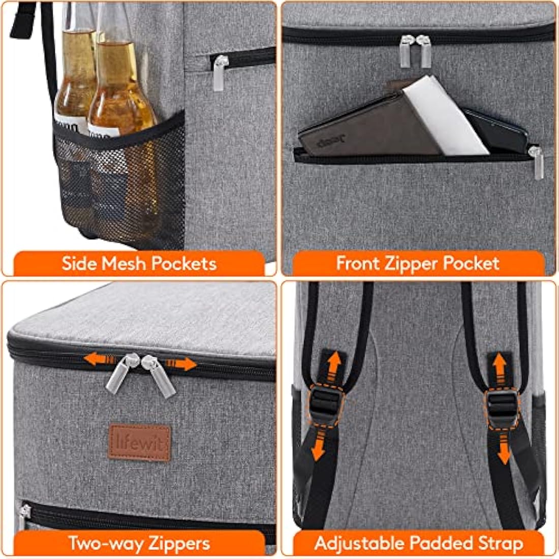 Lifewit Cooler Backpack Insulated Cool Bag Large Capacity Lunch Bag, Soft Cooler Lunch Box Soft-Sided Cooling Bag Backpack for Beach/Picnic/Camping/BBQ, Grey