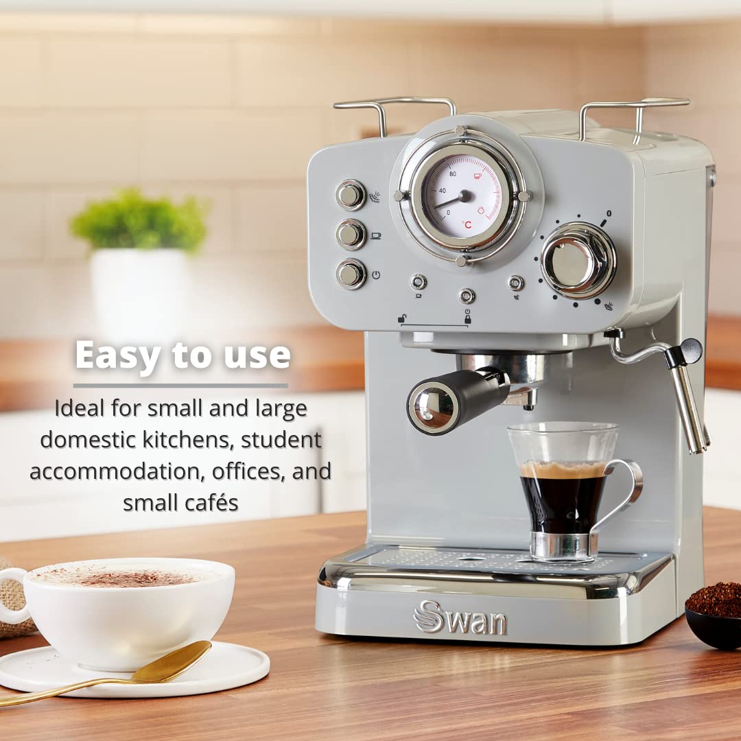 Swan SK22110GRN Retro Espresso Plastic Coffee Machine with Milk Frother, Steam Pressure Control, 1.2L Detachable Water Tank, 1100W, Retro Grey