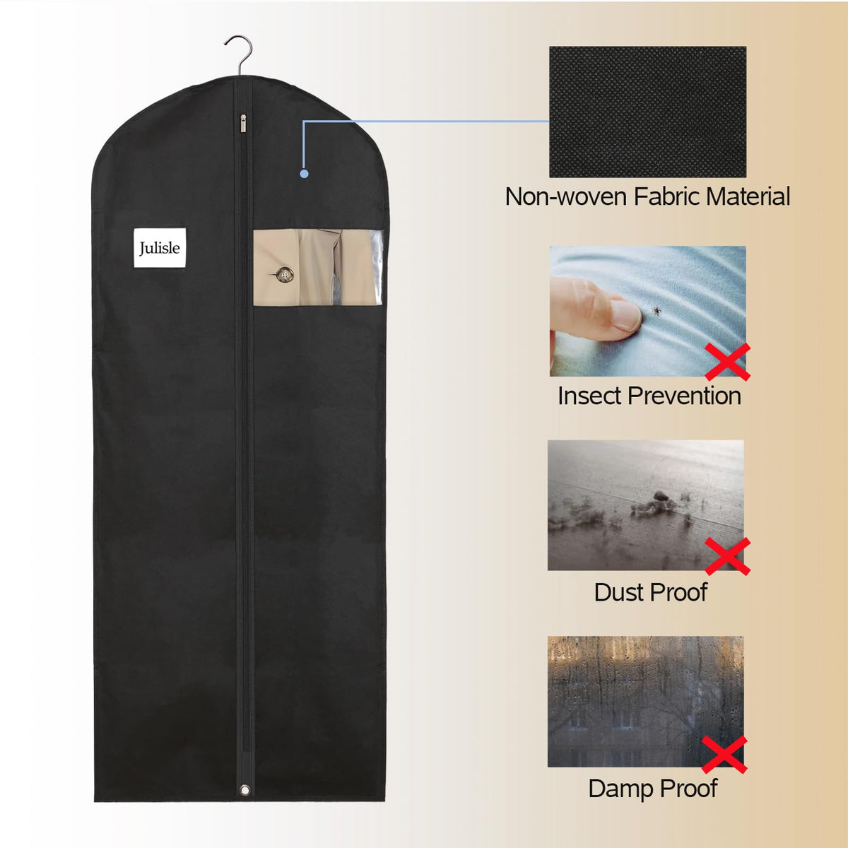 Julisle Long Dress Cover Garment Bag with Zipper & Viewing Window | Breathable, Washable, Dustproof Clothes Storage | 5-Pack, Black, 60-Inch