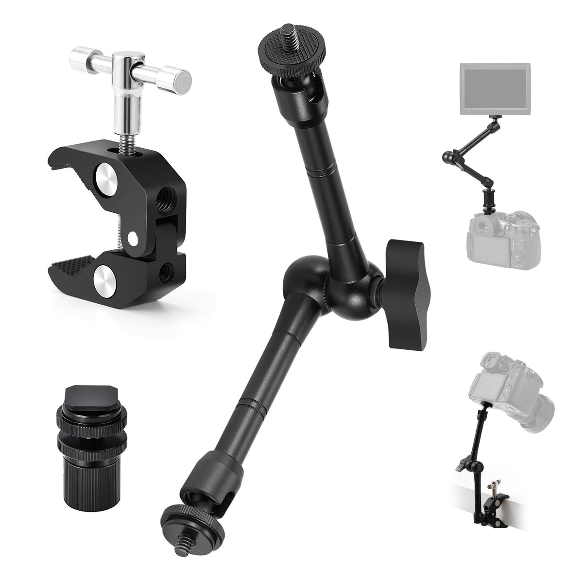 TARION Magic Arm with Super Clamp - Upgraded 11inch/28cm Flexible Camera Articulating Friction Arm Mount & Adjustable Crab Clamp with 1/4" 3/8" Thread