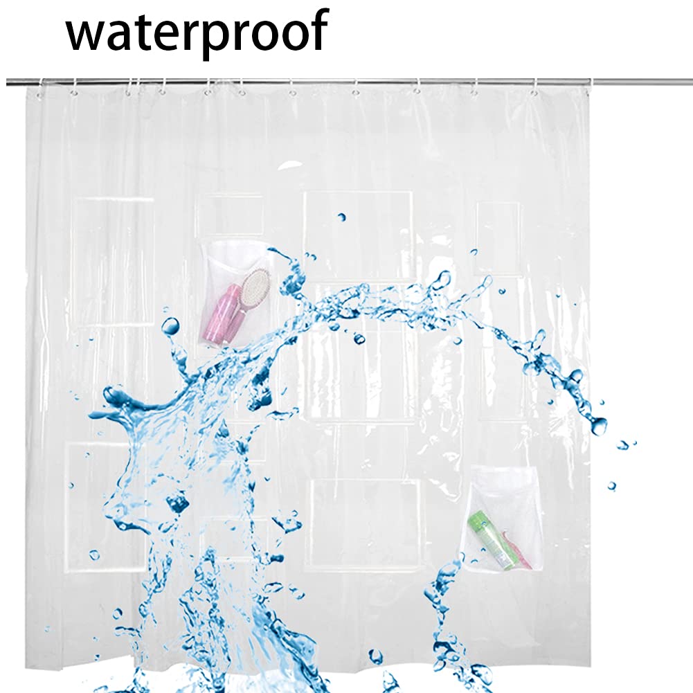 Plutreas Shower Curtain Liner with 9 Pockets, 72in x 72in (Clear)