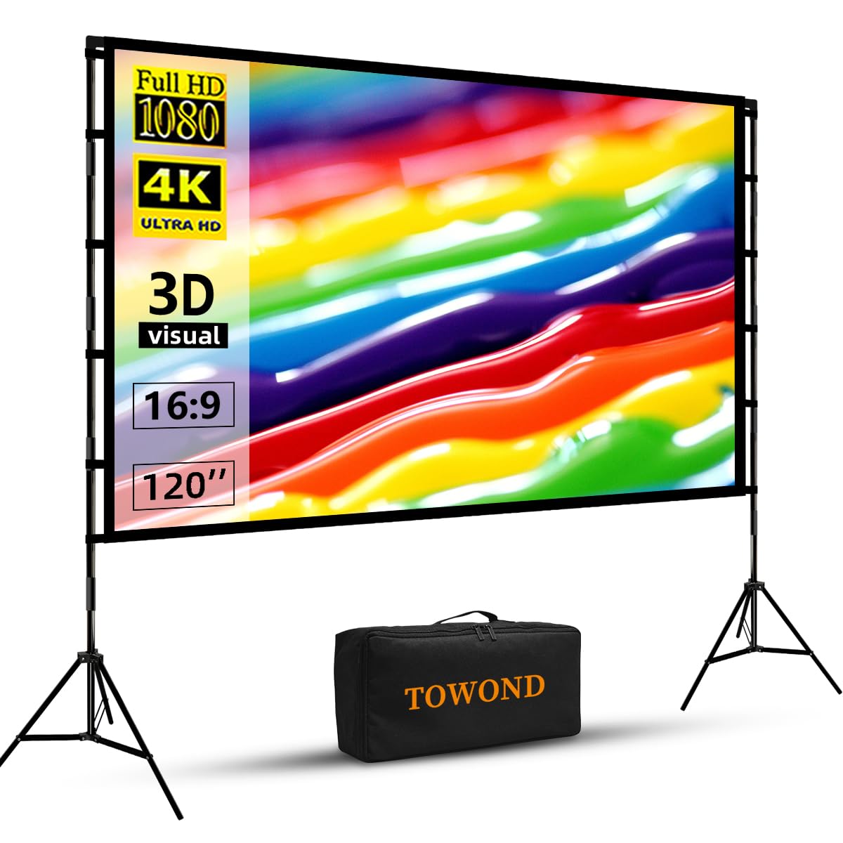 TOWOND Projector Screen and Stand, 120 inch Portable Projection Screen Indoor Outdoor Projector Screen 16:9 4K HD Wrinkle-Free Lightweight Movie
