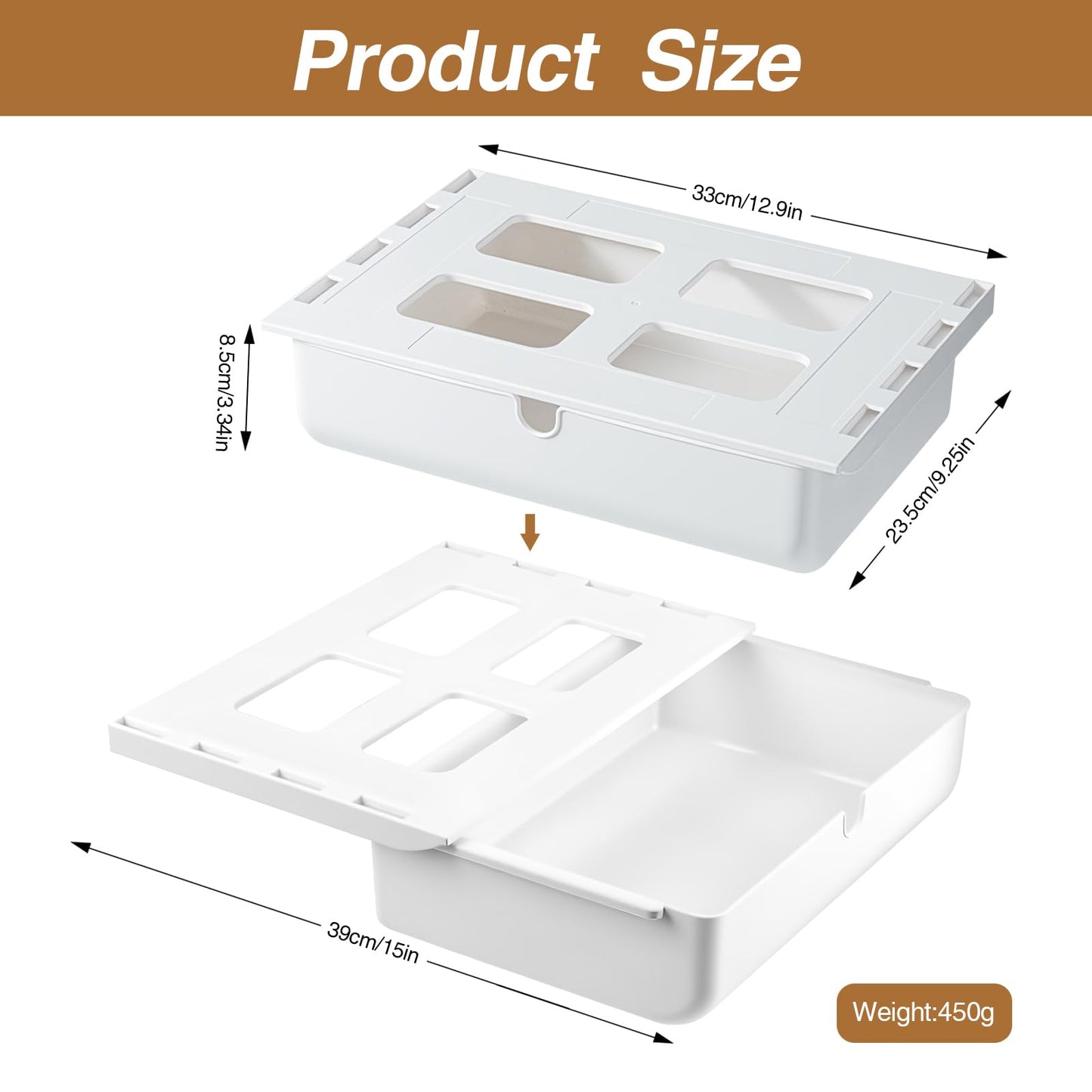 ECVUKQ Under Desk Drawer, 33 × 23 × 8.5cm Under Desk Storage Self-Stick Table Organiser Hidden Under-Shelf Drawer for Office Home School Large Size