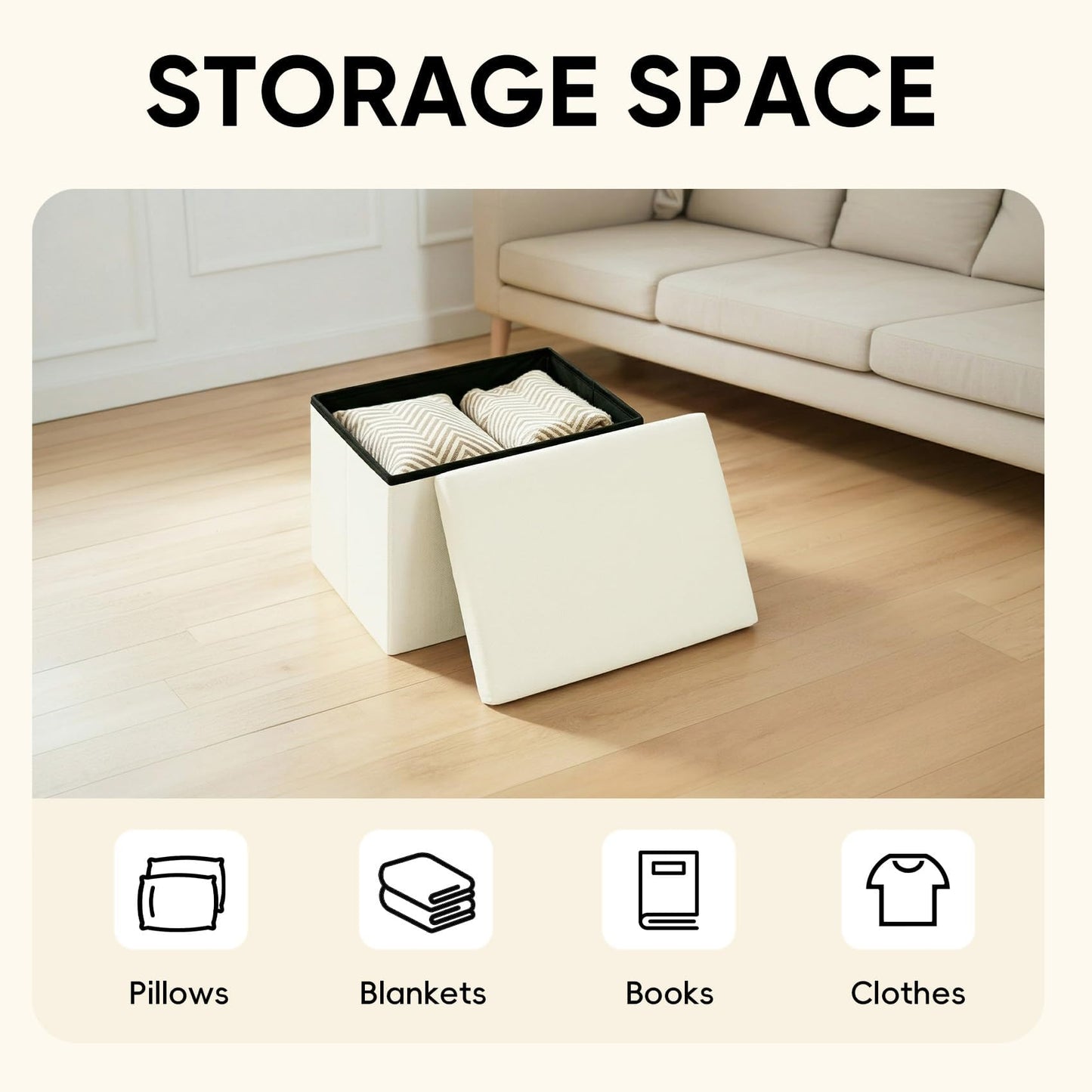 PINPLUS Folding Storage Box Ottoman, Linen Small Footstool, Cream White