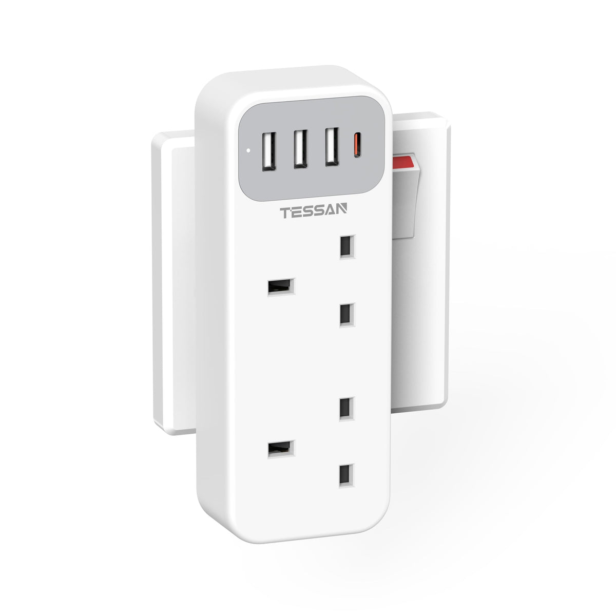 Plug Adapter with 3 USB A and 1 USB C, TESSAN Double Plug Extension Socket, 2 Way MultiPlug Adaptor, 13A UK 3 Pin Outlet Extender for Home, Kitchen,