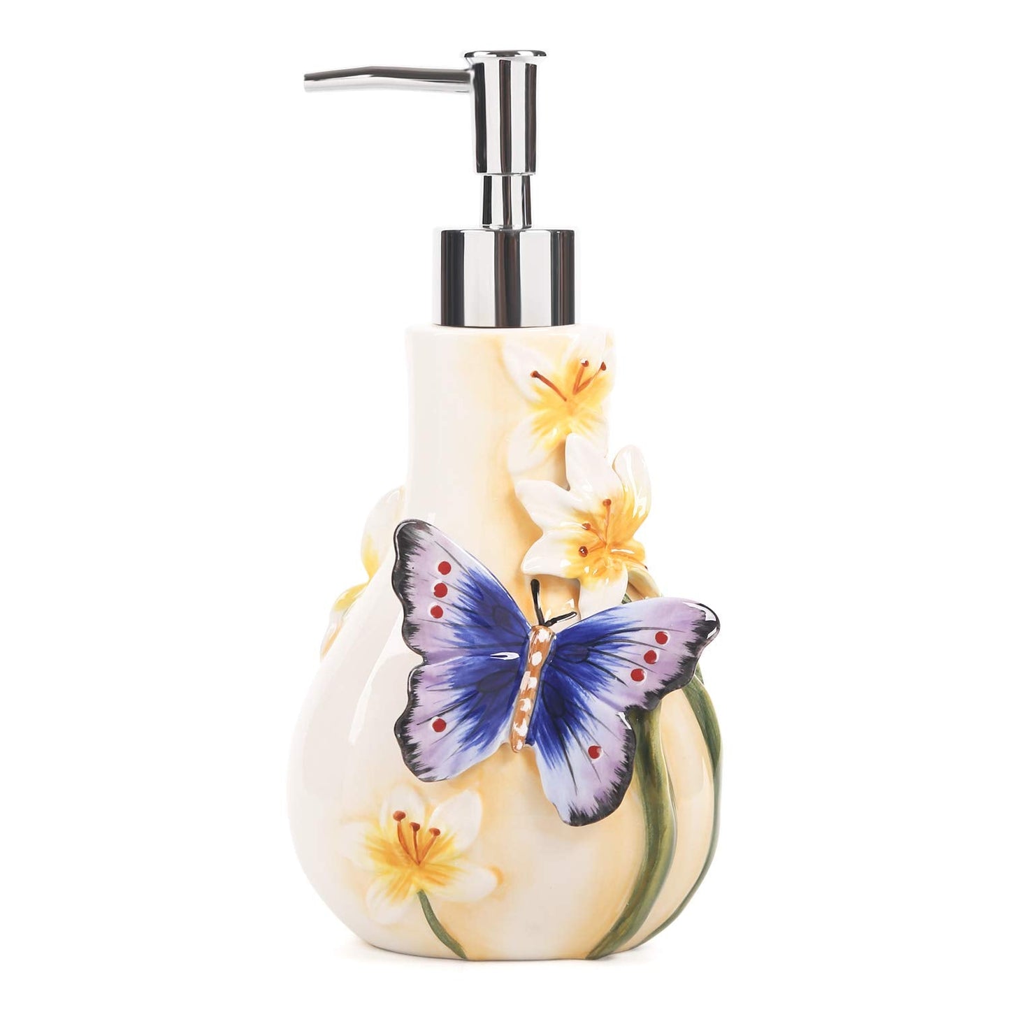 FORLONG Ceramic Soap Dispenser, 3D Hand-Painted Butterfly and Lilies Flower Lotion Dispenser, Bathroom Accessories