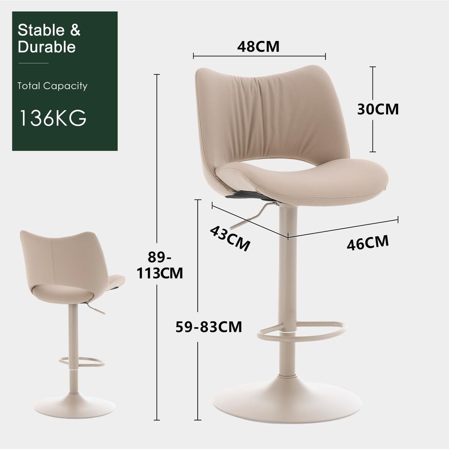 YOUNUOKE Single Bar Stool, Swivel Counter Height Barstool, Khaki